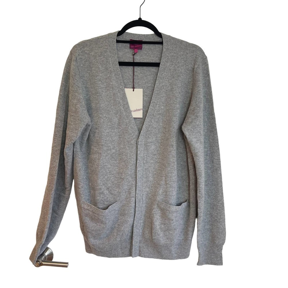 New State Cashmere V Neck Cardigan Sweater Long Sleeve Heather Gray Size L